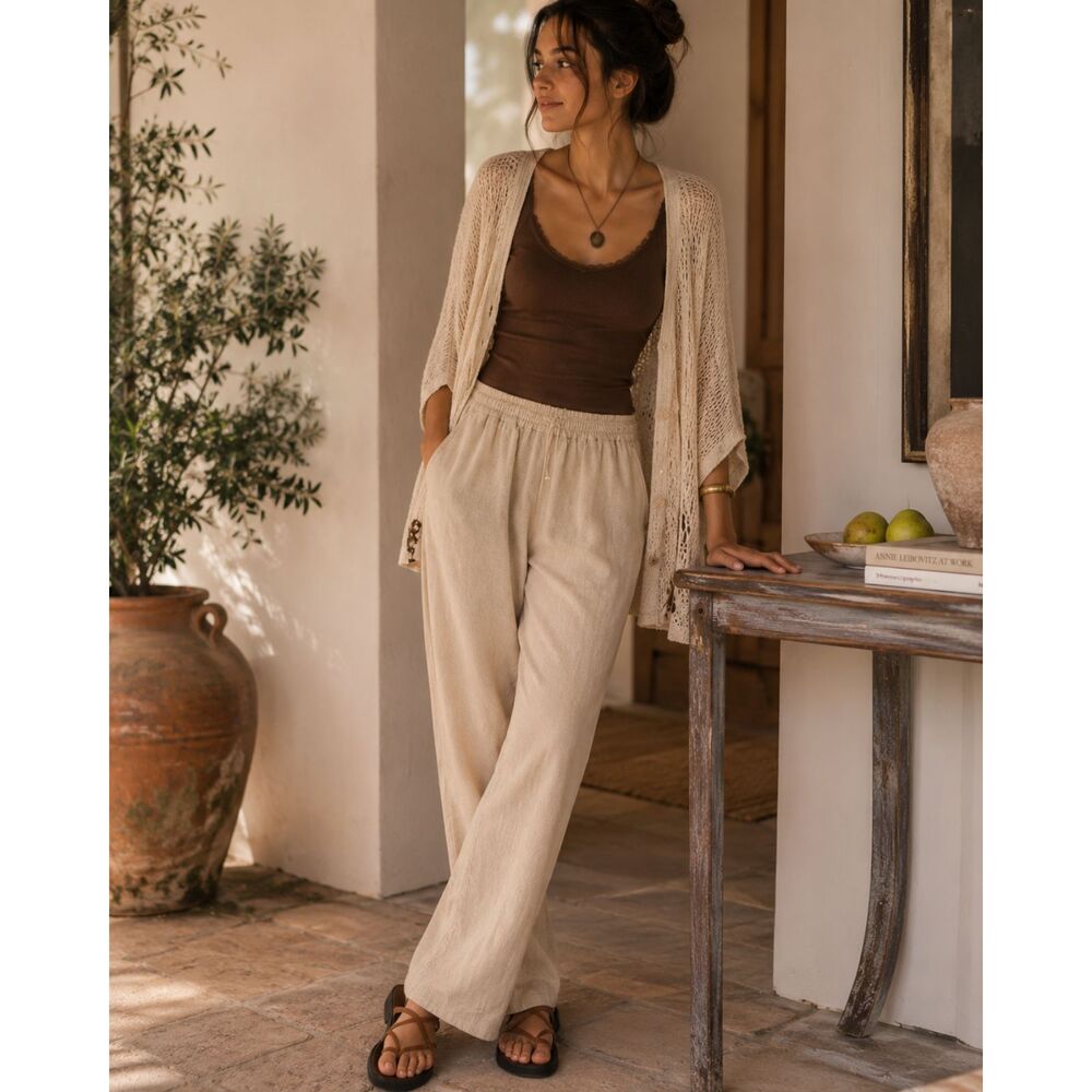 PO-EM Beige 100% Handwoven Cotton Pants Trousers   Women's Size XS